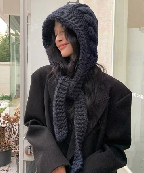 ネックウォーマー スヌード Hand knit hooded balaclava レディース
