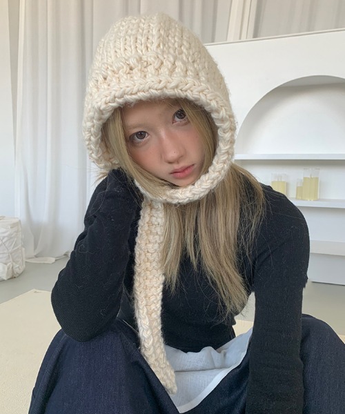 Hand Knit Balaclava グレイッシュベージュ ネックウォーマー スヌード Hand knit hooded balaclava レディース