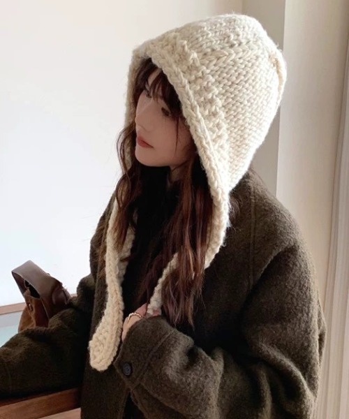 Hand Knit Balaclava グレイッシュベージュ ネックウォーマー スヌード Hand knit hooded balaclava レディース