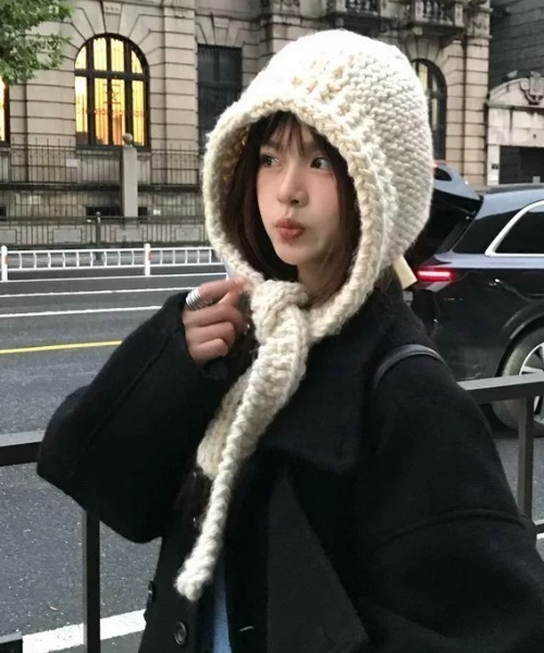 ネックウォーマー スヌード Hand knit hooded balaclava レディース