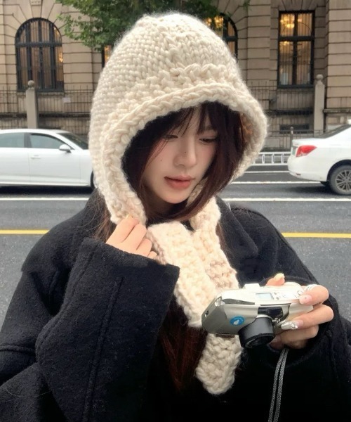 ネックウォーマー スヌード Hand knit hooded balaclava レディース