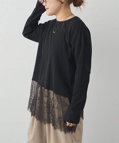 pual ce cin tシャツ レースヘムシアーワッフルカットソー レディース