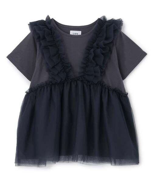 プティマインリアン　親子リンクコーデ　親子お揃い　チュニック　フリル　80 姉妹 petit main LIEN tシャツ 「親子リンク」チュールフリルチュニック