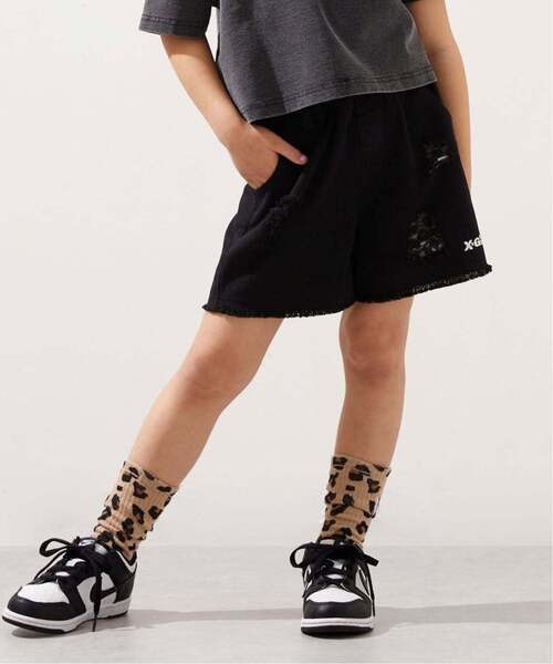 パンツ 豹柄レイヤードクラッシュ加工デニムショートパンツ キッズ 子供服 女の子の画像