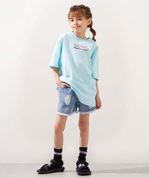 パンツ 豹柄レイヤードクラッシュ加工デニムショートパンツ キッズ 子供服 女の子の画像