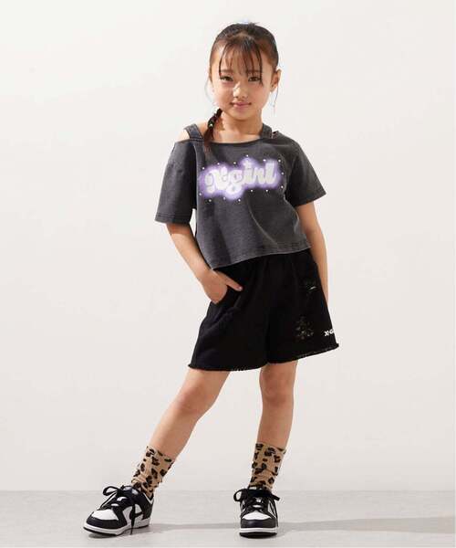 パンツ 豹柄レイヤードクラッシュ加工デニムショートパンツ キッズ 子供服 女の子の画像