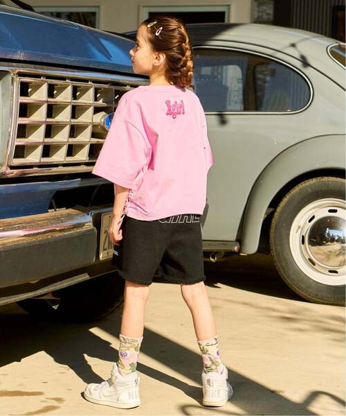 パンツ 豹柄レイヤードクラッシュ加工デニムショートパンツ キッズ 子供服 女の子の画像