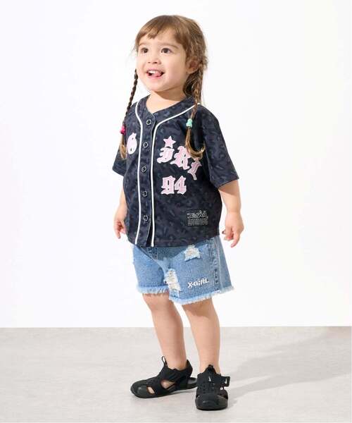 パンツ 豹柄レイヤードクラッシュ加工デニムショートパンツ キッズ 子供服 女の子の画像