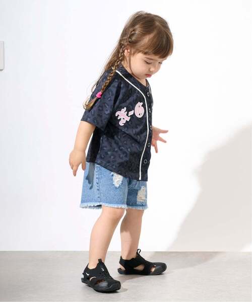 パンツ 豹柄レイヤードクラッシュ加工デニムショートパンツ キッズ 子供服 女の子の画像
