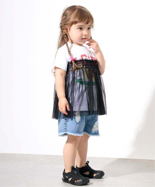 パンツ 豹柄レイヤードクラッシュ加工デニムショートパンツ キッズ 子供服 女の子の画像