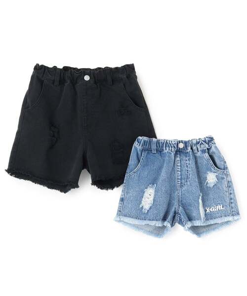 パンツ 豹柄レイヤードクラッシュ加工デニムショートパンツ キッズ 子供服 女の子の画像