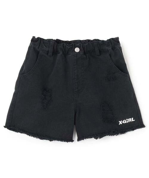 パンツ 豹柄レイヤードクラッシュ加工デニムショートパンツ キッズ 子供服 女の子の画像