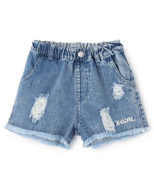 パンツ 豹柄レイヤードクラッシュ加工デニムショートパンツ キッズ 子供服 女の子の画像