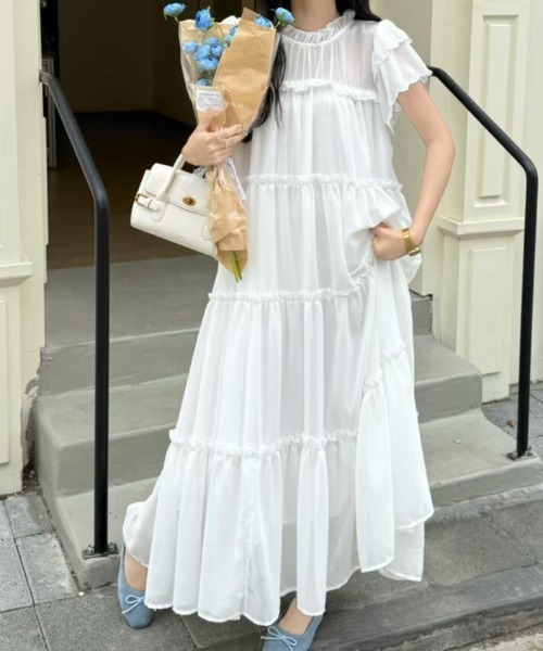 ワンピース ハイネック パフスリーブ ゆったりシフォンワンピース