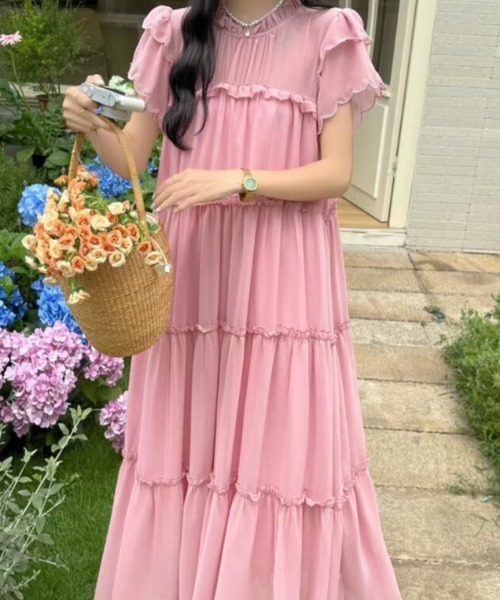 ワンピース ハイネック パフスリーブ ゆったりシフォンワンピース