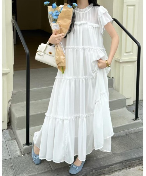 ワンピース ハイネック パフスリーブ ゆったりシフォンワンピース