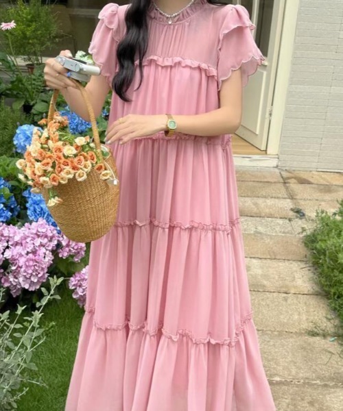 ワンピース ハイネック パフスリーブ ゆったりシフォンワンピース