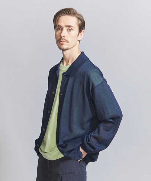 BEAUTY&YOUTH ペーパーミックス シアー ポロ カーディガン ネイビー BEAUTY＆YOUTH UNITED ARROWS カーディガン ペーパーミックス