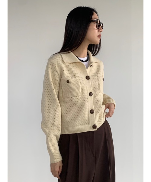 カーディガン 「DIDOT.」カシミヤブレンドメッシュニットカラーカーディガン レディース