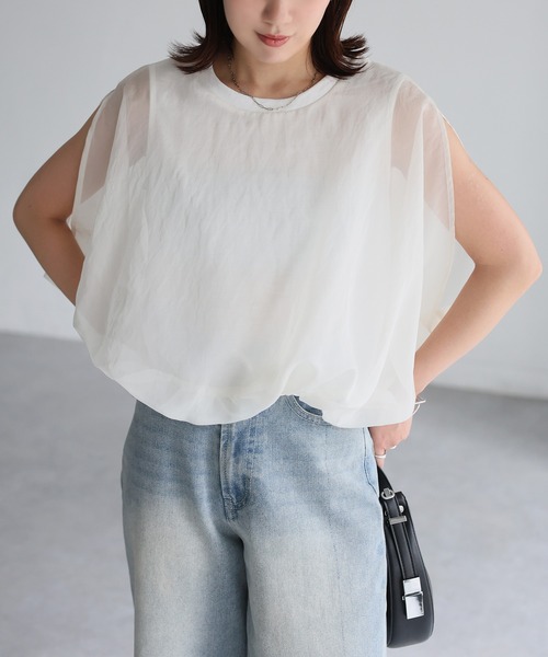 Riberry tシャツ チュールレイヤードノースリーブトップス
