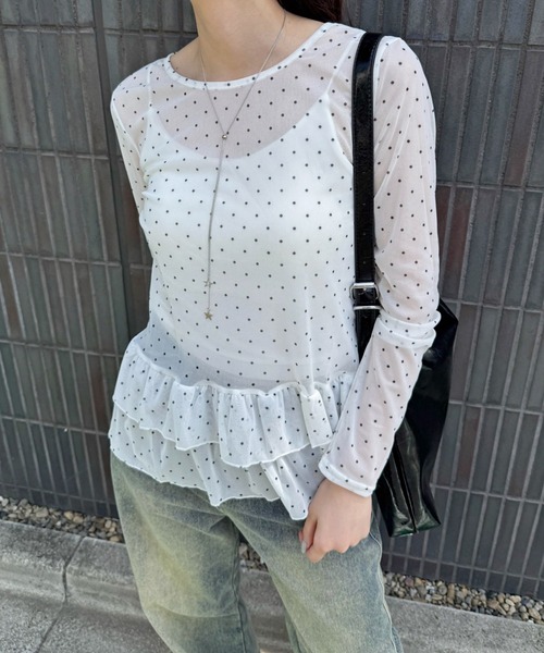 MEMECLE（メメクル） tシャツ 「 」シースルースキン ドットフリル