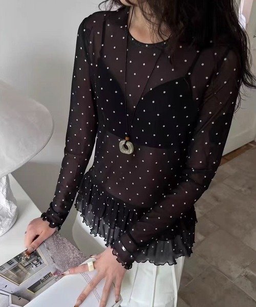 MEMECLE（メメクル） tシャツ 「 」シースルースキン ドットフリル