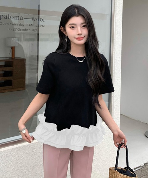 tシャツ 半袖 ペプラム風 裾フリルダンボールブラウス レディース
