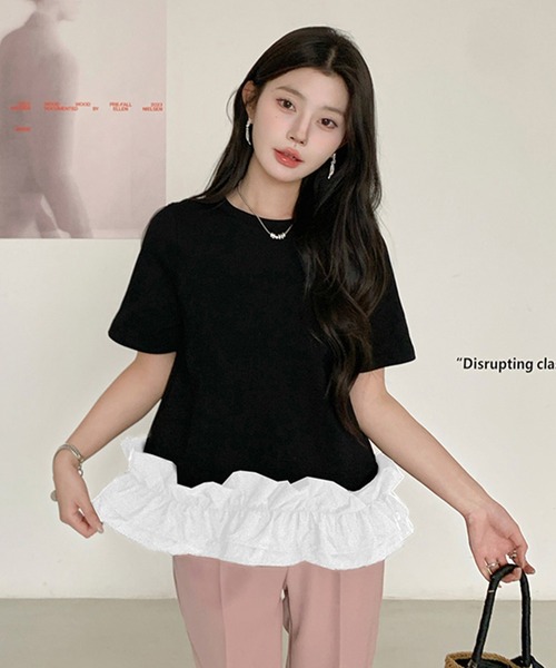 tシャツ 半袖 ペプラム風 裾フリルダンボールブラウス レディース