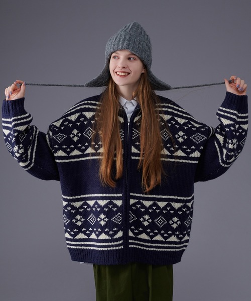 「ONCILY」 ニットカーディガン LARGE ネイビー メンズ_画像3