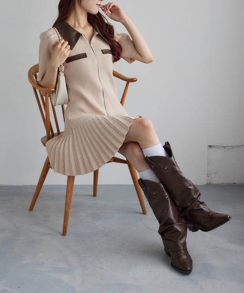 one after another NICE CLAUP ワンピース 合皮襟ニットミニ