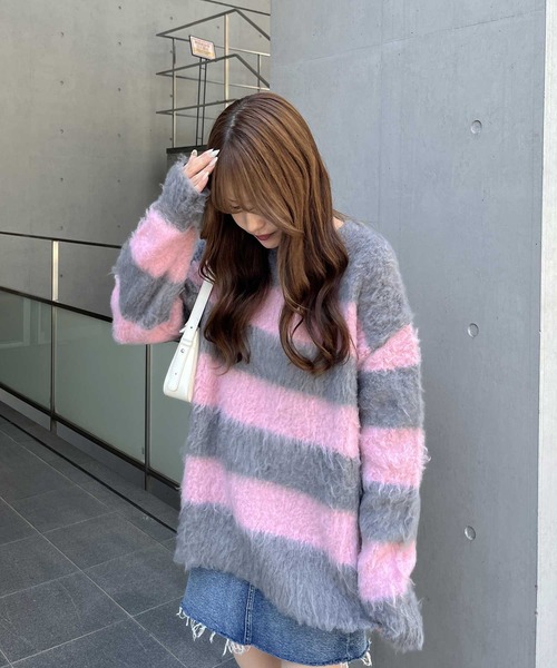 nelliy. ニット セーター ボーダーシャギールーズニット レディース