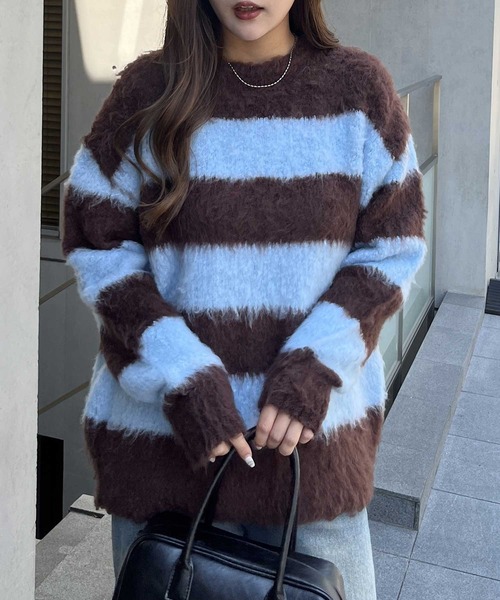 nelliy. ニット セーター ボーダーシャギールーズニット レディース