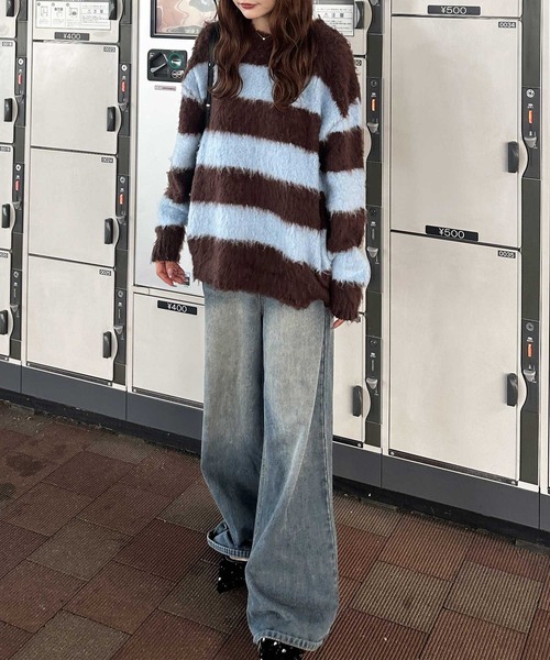 nelliy. ニット セーター ボーダーシャギールーズニット レディース