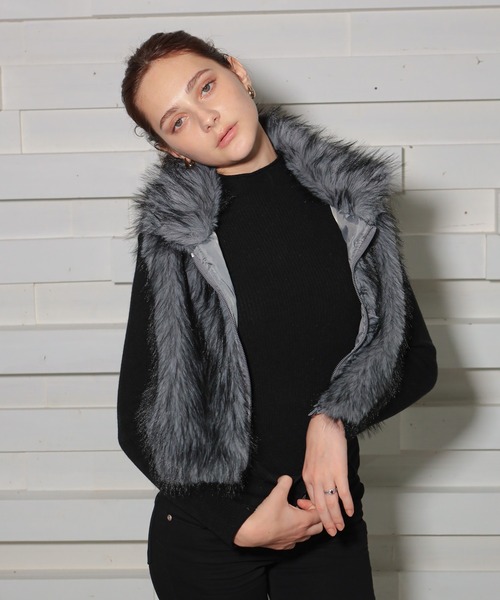お値下げしました!!毛皮 グレー ラムファーベスト ファー GLAMOROUS JANE（グラマラスジェーン） ベスト ジレ ダブルジップ