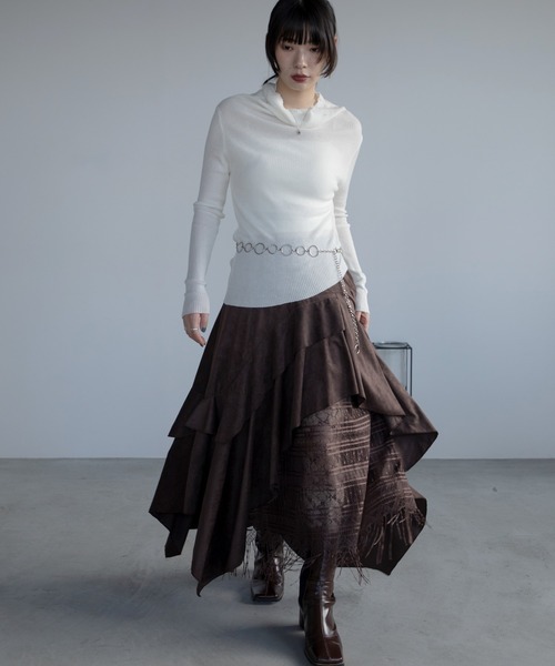 スカート レースドッキングランダムフリルスウェードスカート