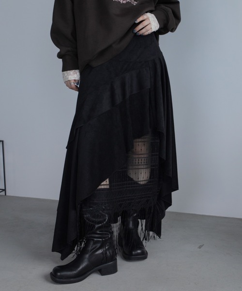 スカート レースドッキングランダムフリルスウェードスカート