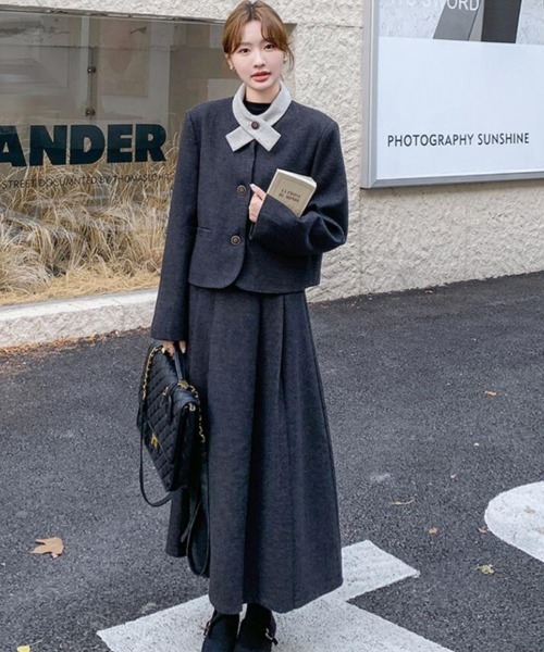 セットアップ ユニークな襟デザインショートジャケットとロング