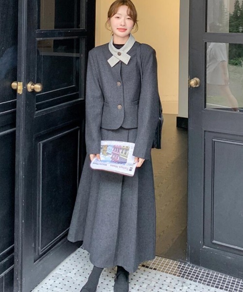 セットアップ ユニークな襟デザインショートジャケットとロング