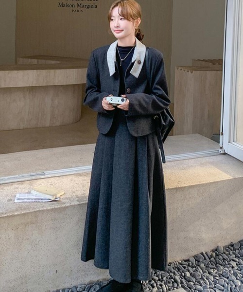 セットアップ ユニークな襟デザインショートジャケットとロング