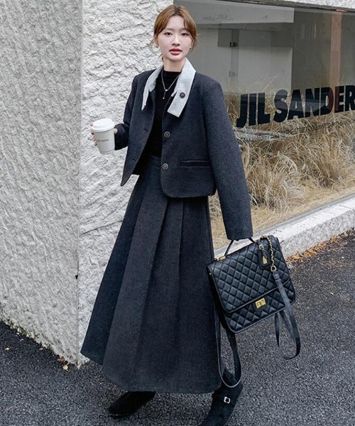 セットアップ ユニークな襟デザインショートジャケットとロング