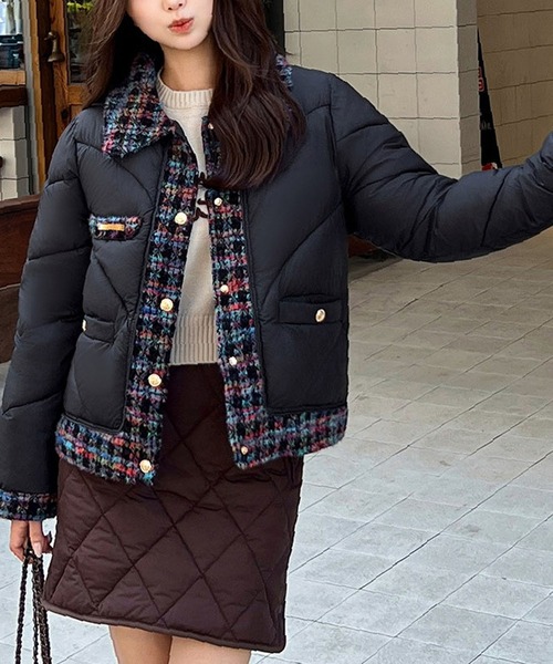 極美品◆Chesty ツイードディティールダウンジャケット　コート　ネイビー　0 極美品◇Chesty ツイードディティールダウンジャケット コート