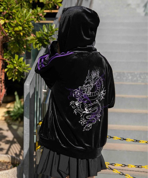 パーカー 「ベロア×ドラゴン刺繍」サイドラインジップパーカー