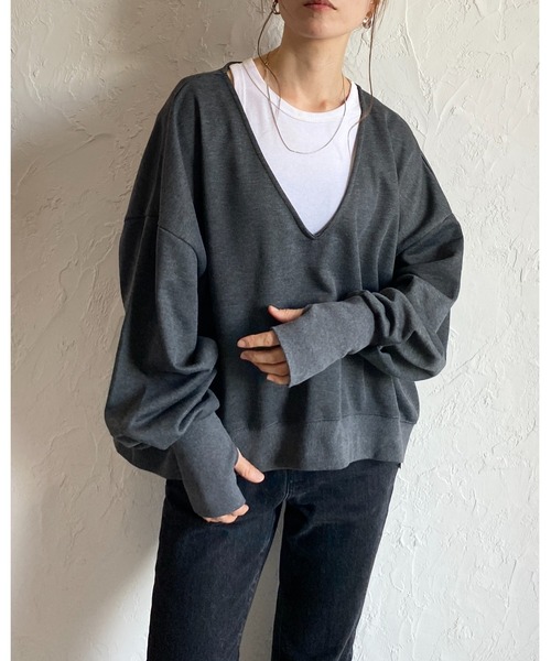 She's Closet トレーナー スウェット 裏毛深Vネックビッグシルエット