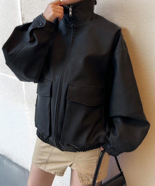 solleim（ソルレム） ブルゾン アウター スタンドネックフェイクレザー