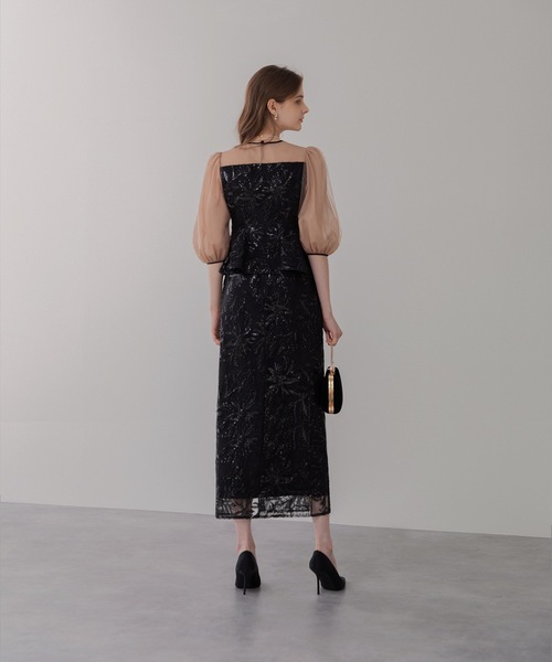 Leja ドレス 「LEJA」シアーパフスリーブペプラムスパンコール花