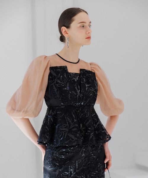 Leja ドレス 「LEJA」シアーパフスリーブペプラムスパンコール花