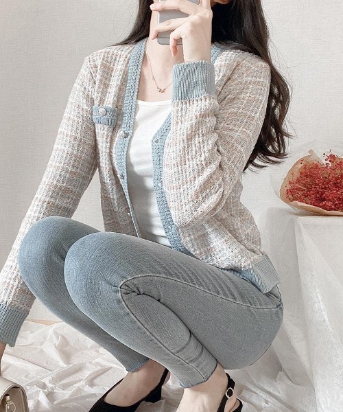 「SONA」 ニットカーディガン FREE ライトブルー レディース_画像4