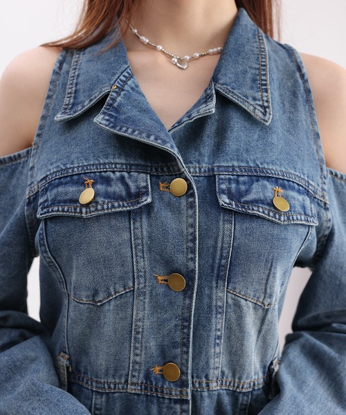 【マルニ】デニムワンピース 花ワッペン ドロップショルダー ジュエローブ Jewelobe パワーショルダーミニデニムワンピース