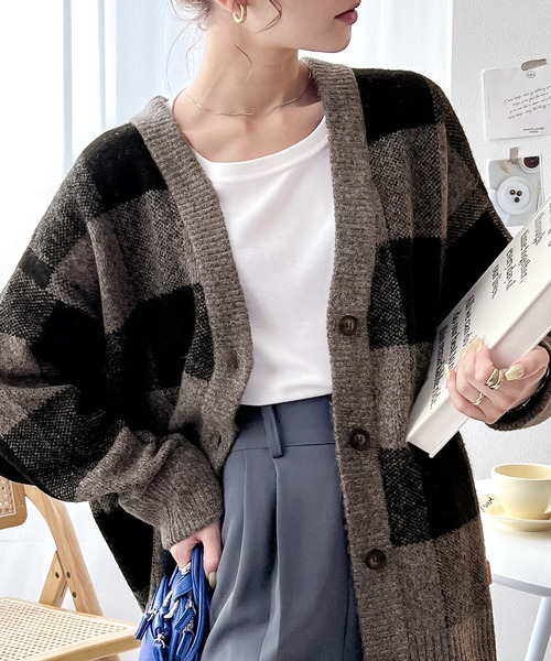 「Java」 ニットカーディガン LARGE モカ レディース
