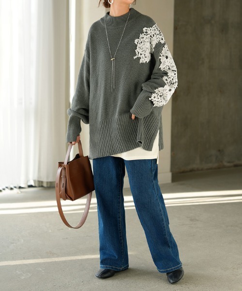 atelier edition グレー レース編み ニットセーター 長袖 レディース ニット・セーター（条件：レース）| ファッション通販